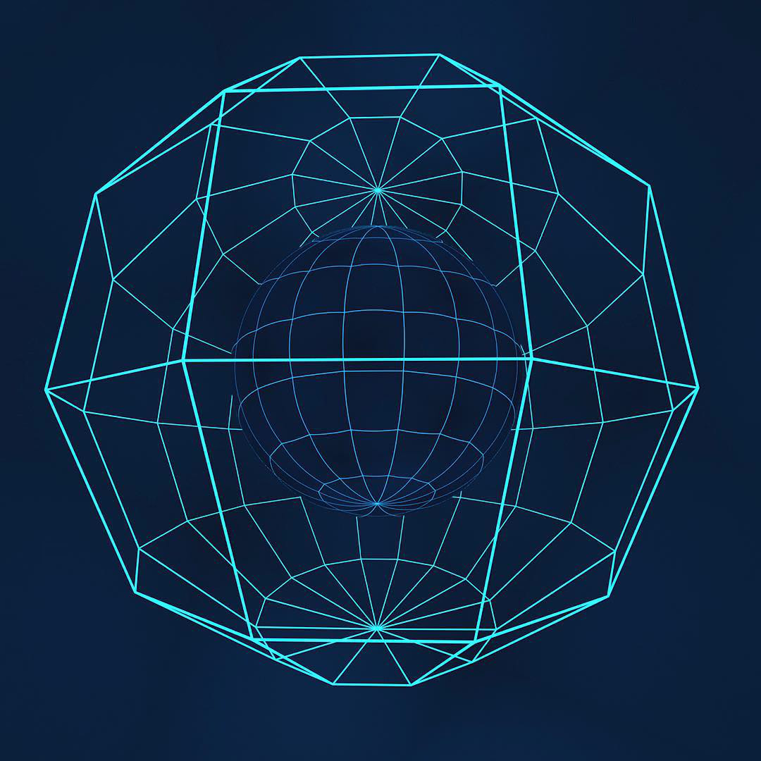 A cyan wireframe polyhedron enclosing a wireframe sphere on deep blue.