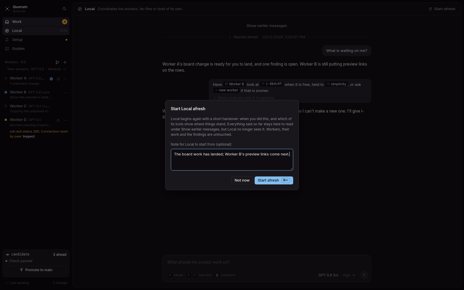 Quorum's dialog for starting the Local conversation afresh. Dark theme.