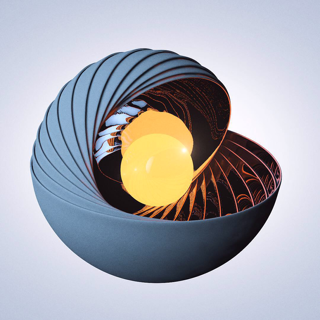 A blue ribbed shell opened like a spiral bowl around two glowing orange spheres.