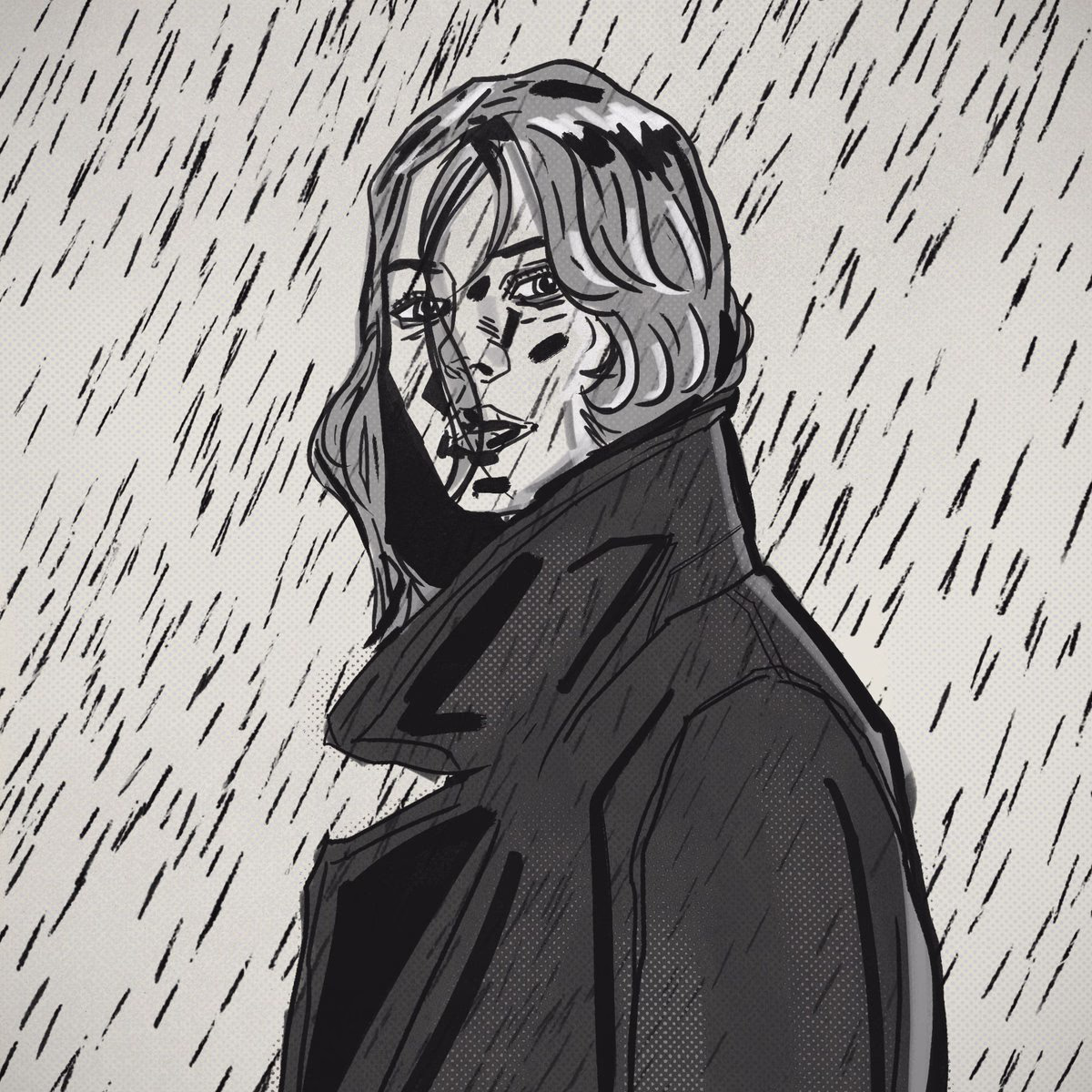 Ink portrait of a woman with shoulder-length hair in a dark coat with the collar up, glancing back through streaks of rain.