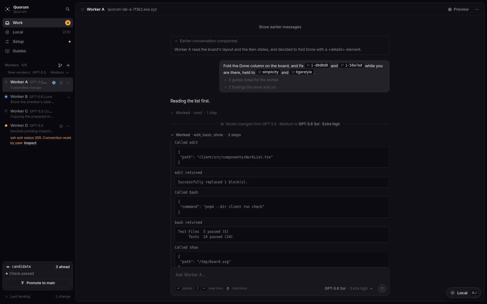 A worker's conversation in Quorum, with a group of tool calls opened. Dark theme.