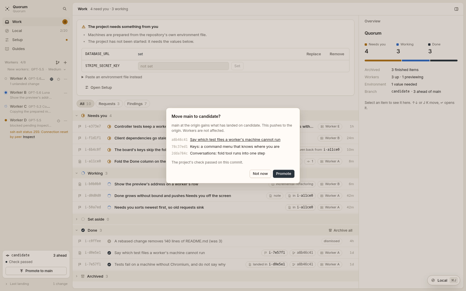 Quorum's promote-to-main dialog over the work list. Light theme.