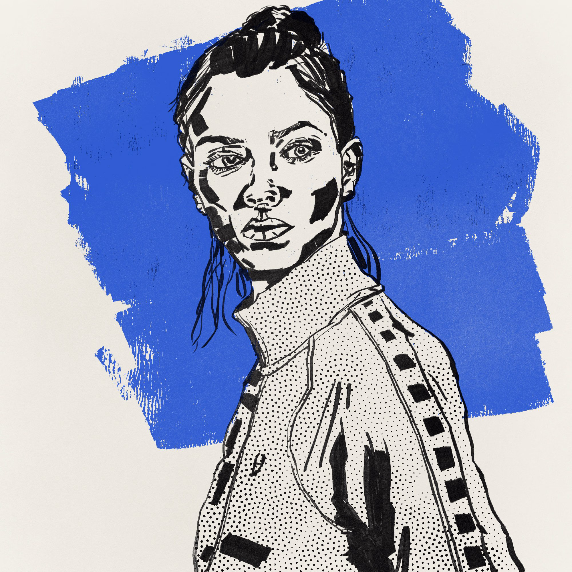Ink portrait of a woman with braided hair pulled up, in a dotted high-collared jacket, glancing sideways against a rough blue brushstroke.