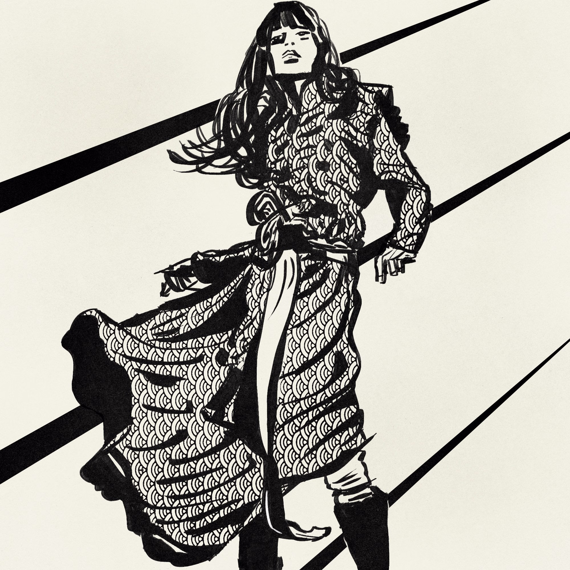 Ink drawing, seen from below, of a woman in a long patterned coat and tall boots with her hair blowing, crossed by thick diagonal black bars.