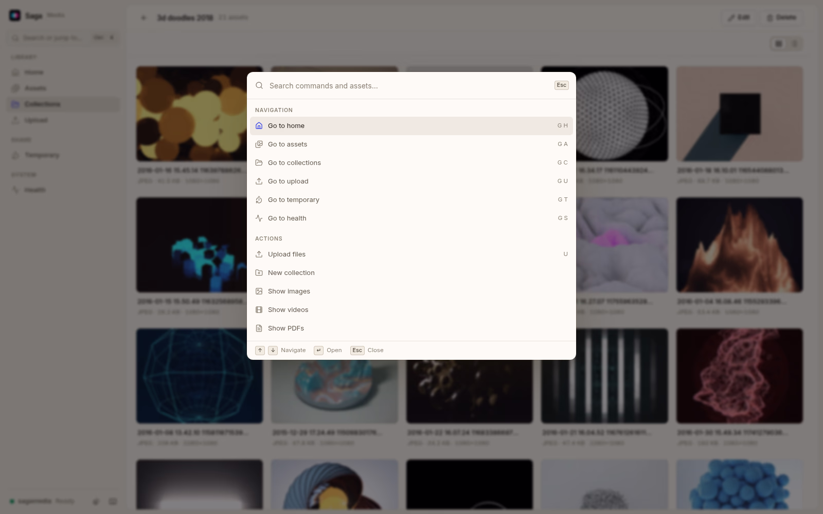 Saga Media's command menu. Light theme.