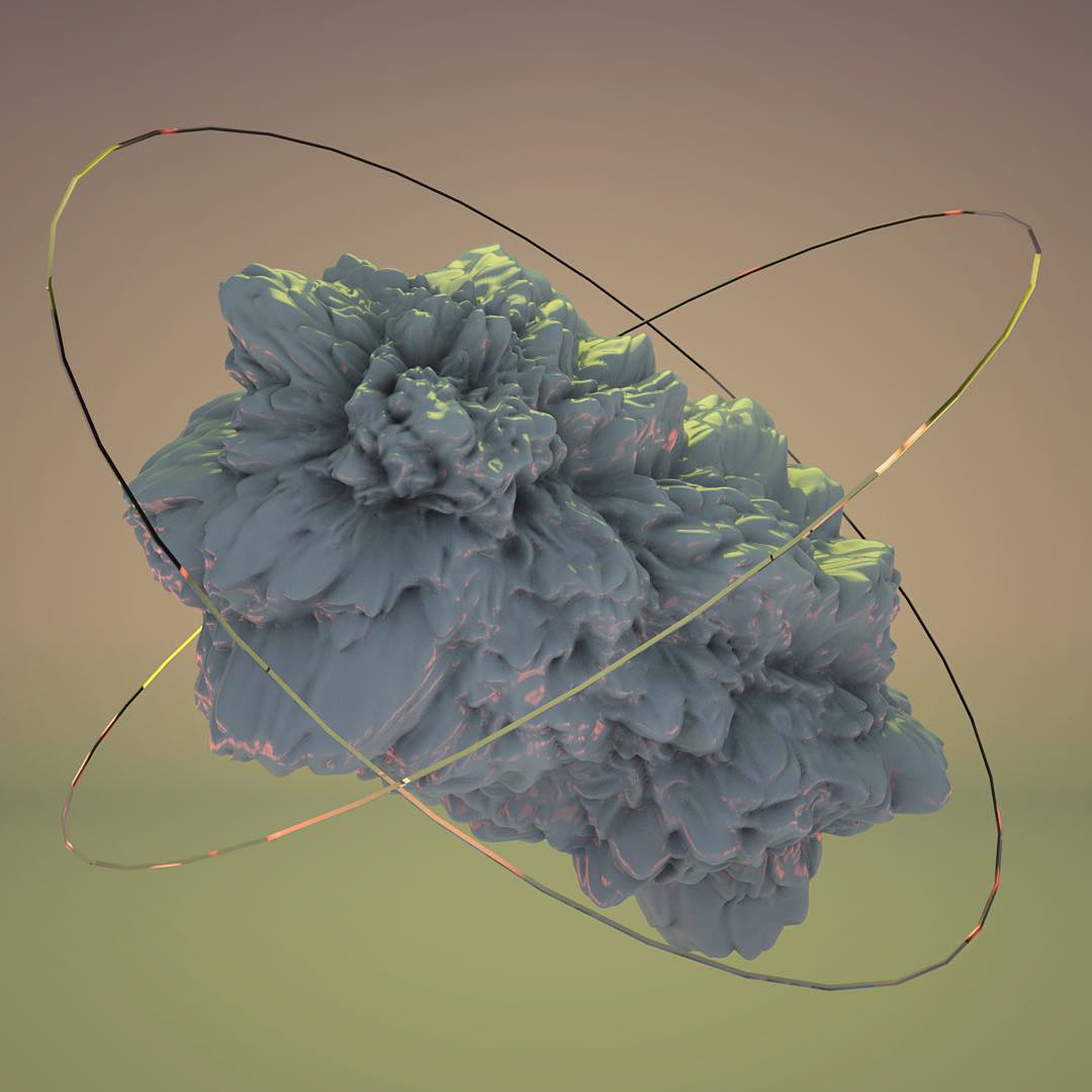 A rough blue-grey rock-like mass circled by two thin rings against an olive and tan haze.