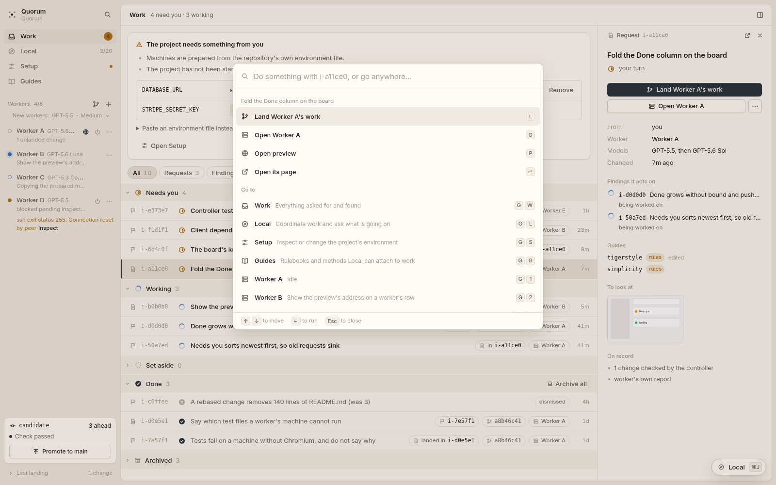 Quorum's command menu open over the work list. Light theme.