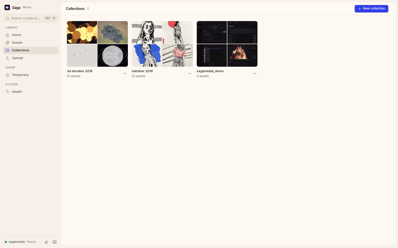 Saga Media's collections page. Light theme.