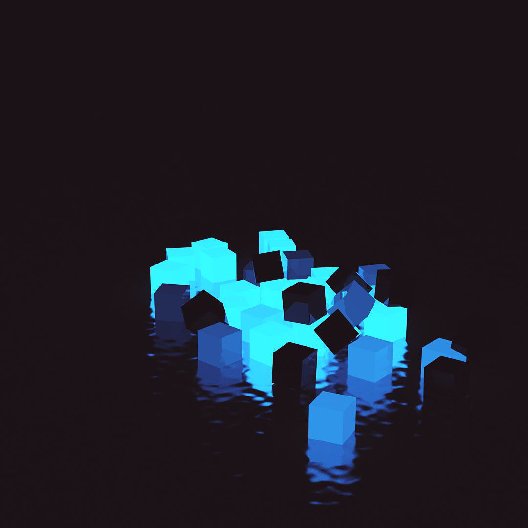 Glowing cyan cubes half-sunk in dark rippling water.