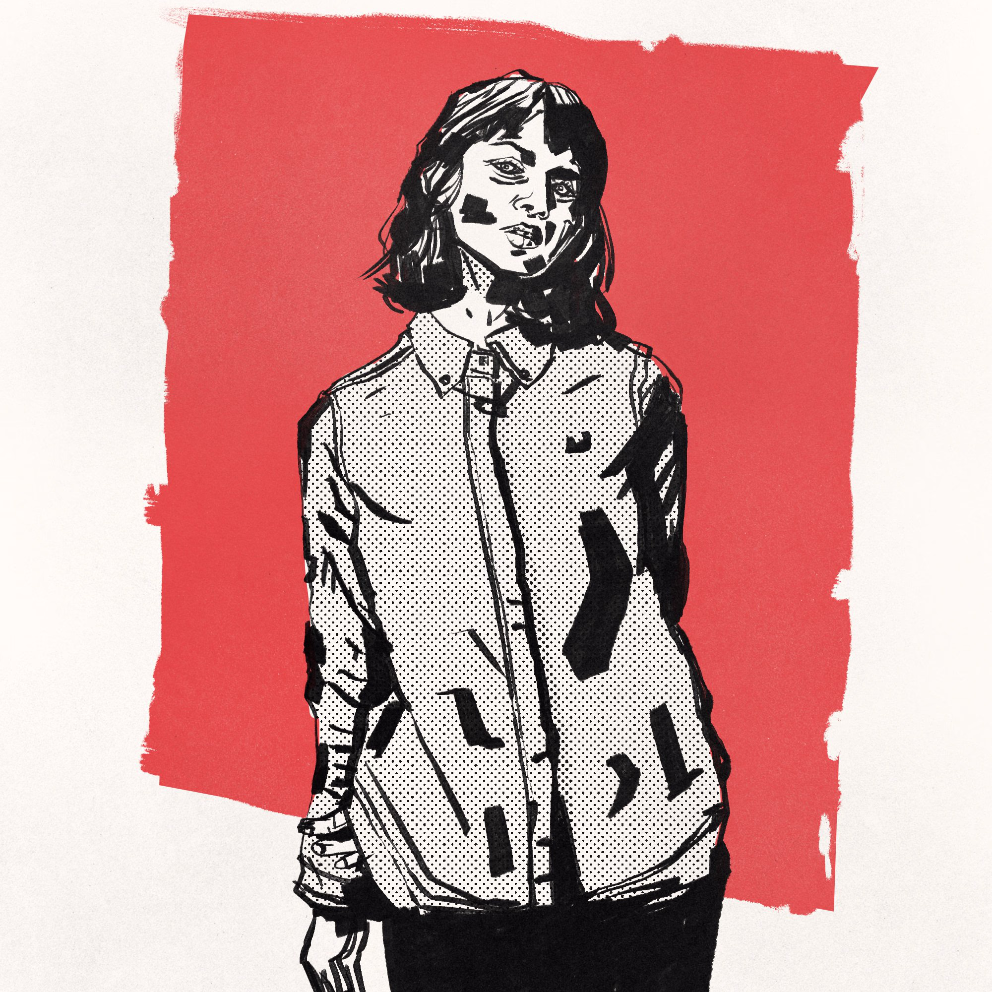Ink drawing of a woman with a dark bob in a dotted button-up shirt, standing against a rough block of red paint.