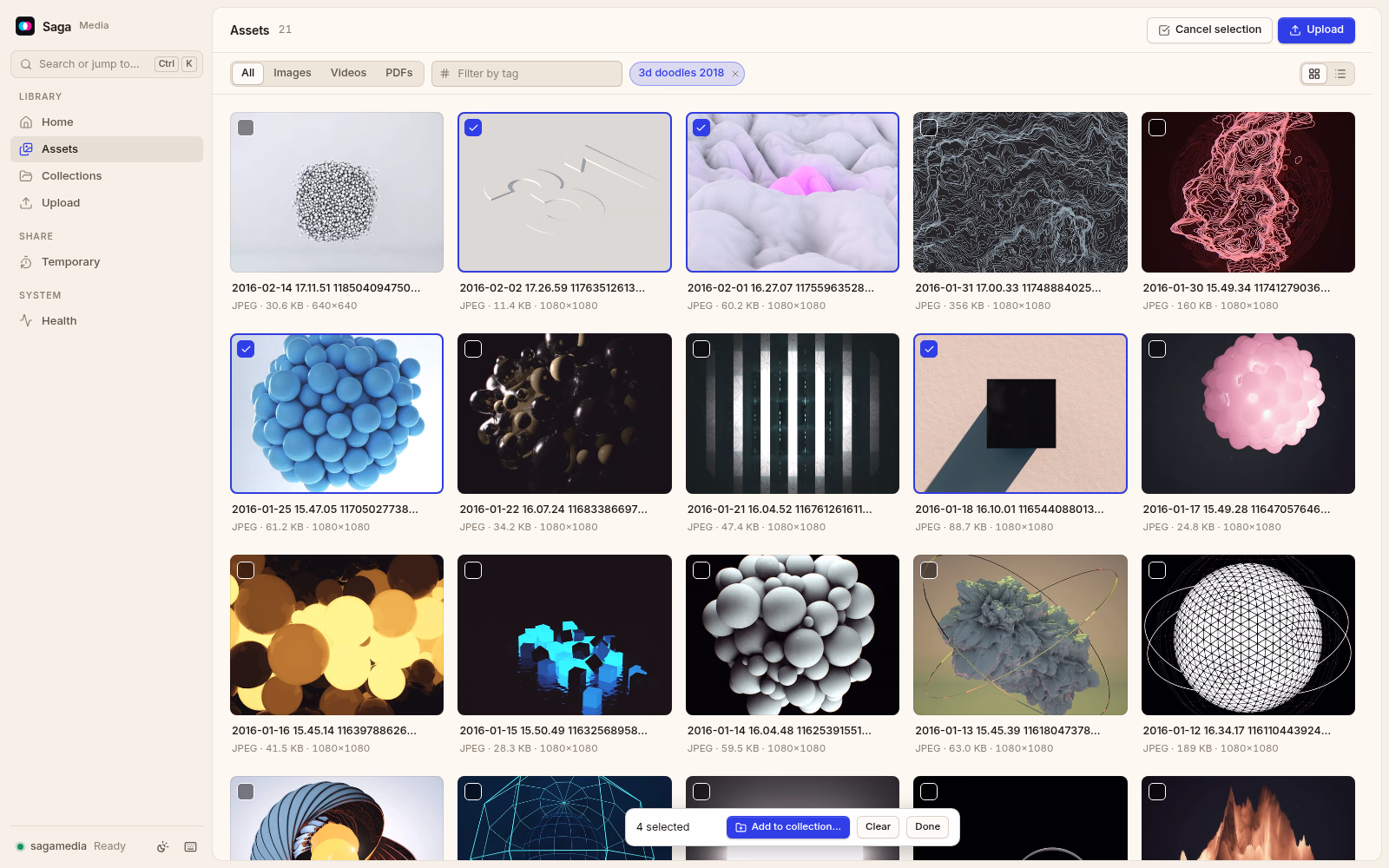 Saga Media's library with four assets selected. Light theme.