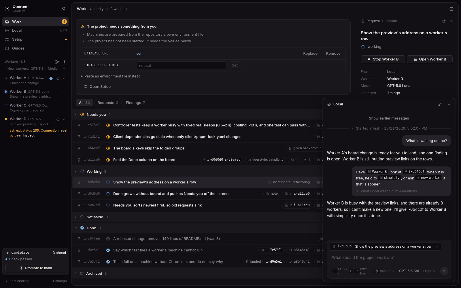 Quorum's Local conversation docked over the work list. Dark theme.