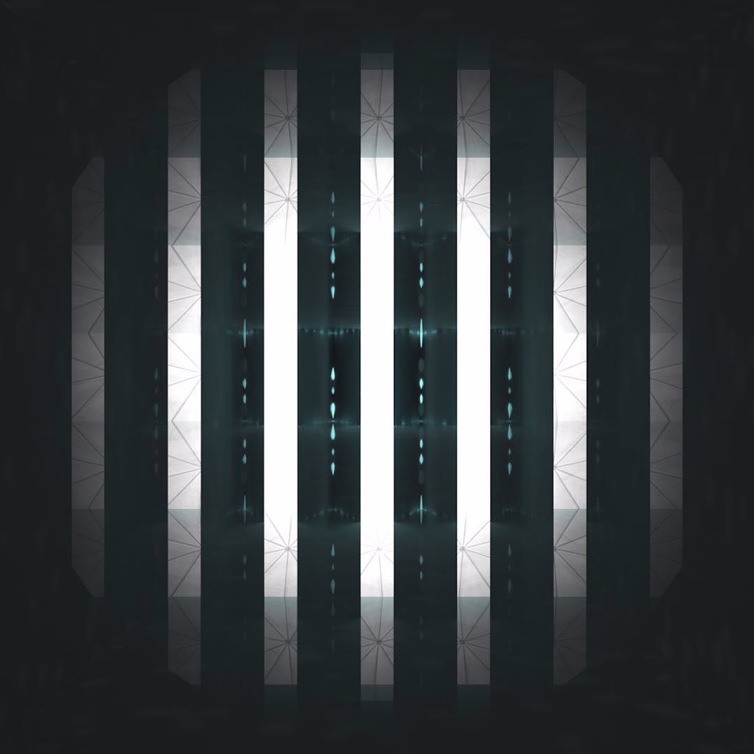 Bright white vertical bars of light inside a dark, mirrored teal chamber.