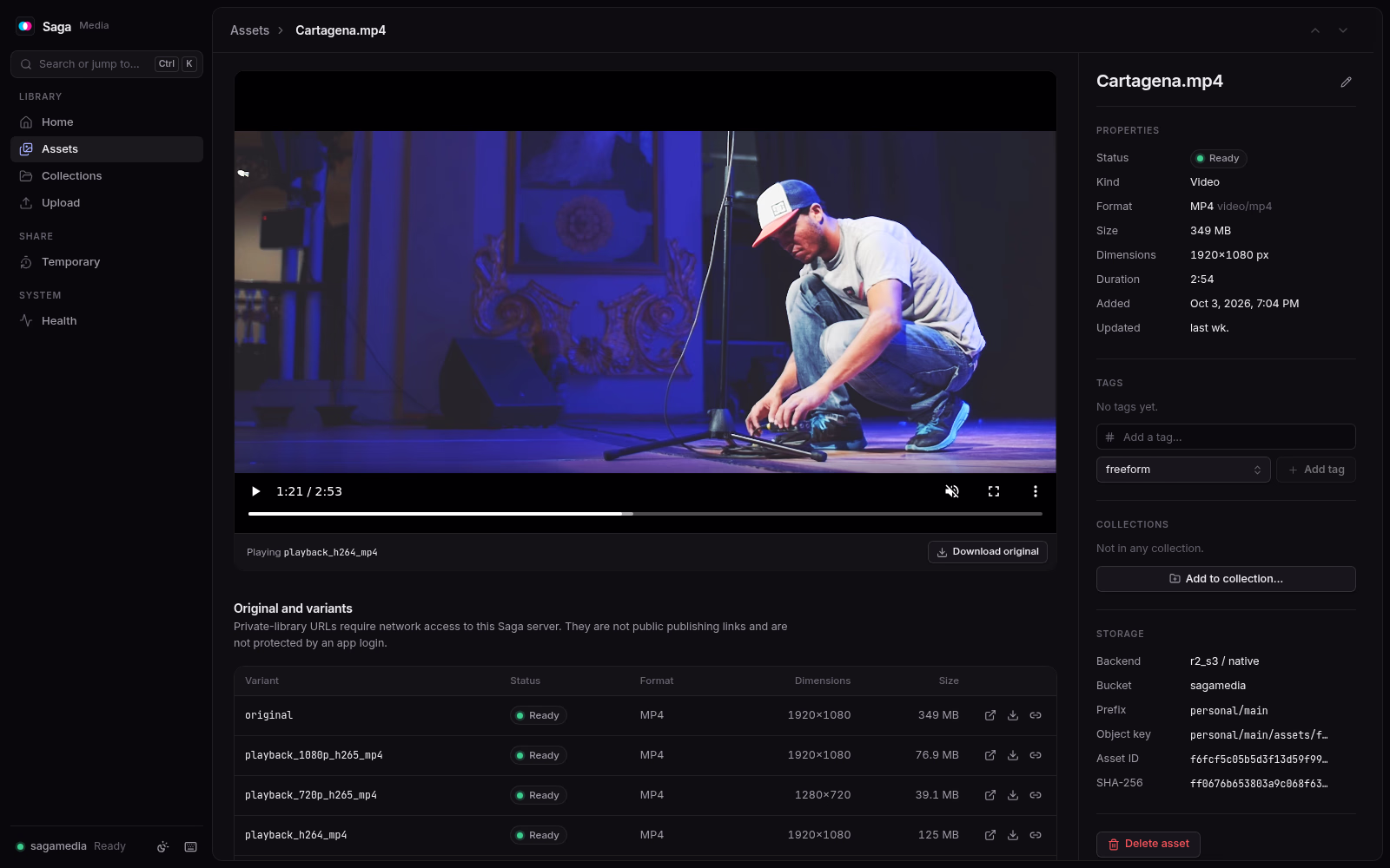 The page for one video in Saga Media. Dark theme.