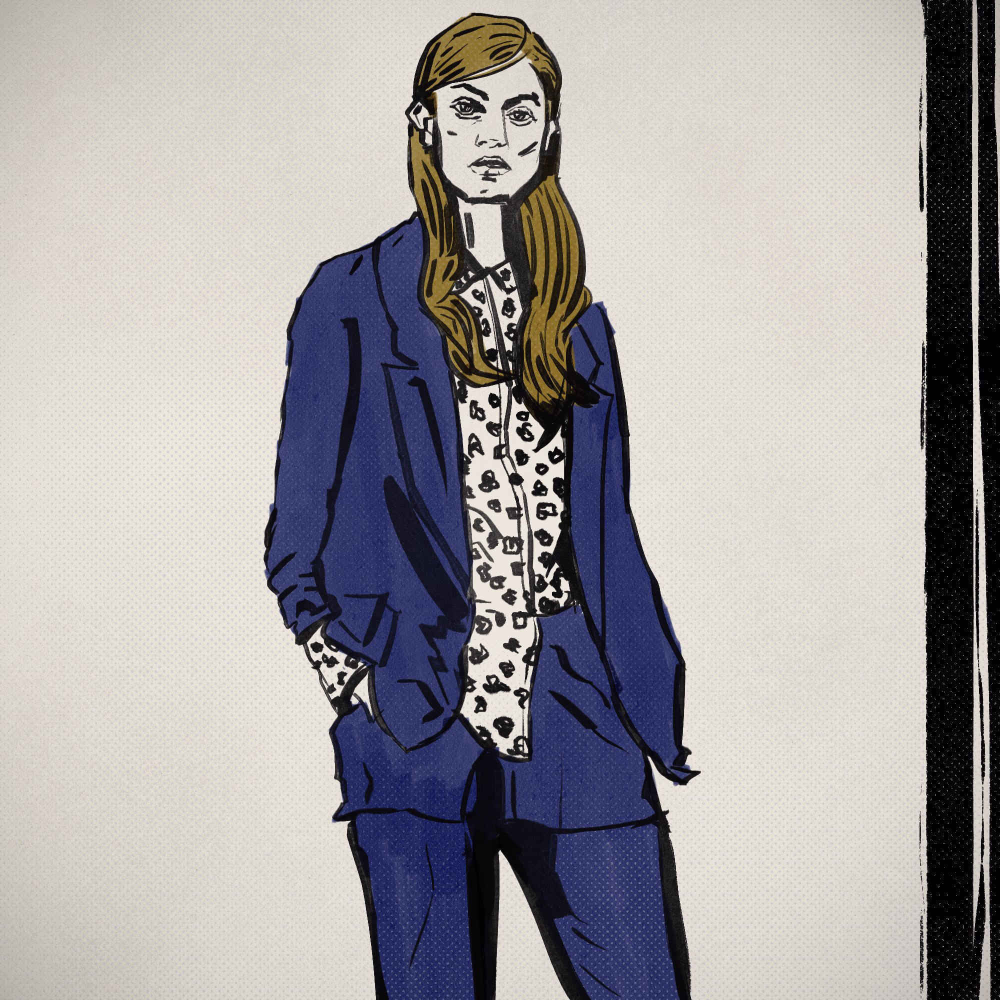 Ink drawing of a woman with long light-brown hair in a navy suit over a leopard-print shirt, hands in her pockets.