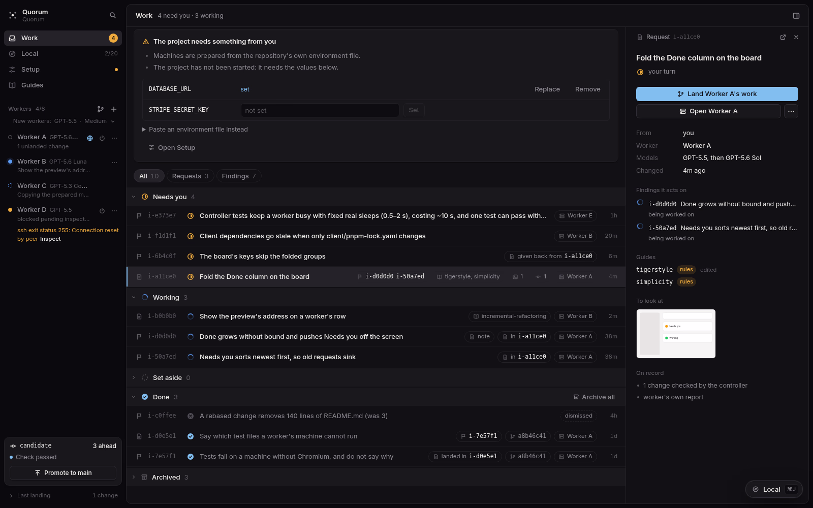 Quorum's inspector open on a request that is ready to land. Dark theme.