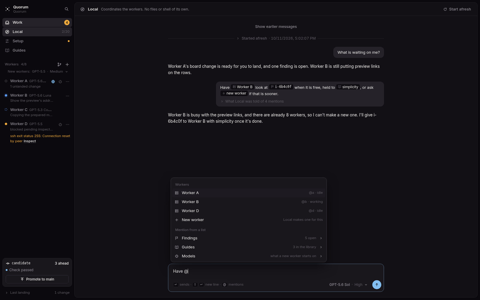 The mention menu in Quorum's Local conversation. Dark theme.