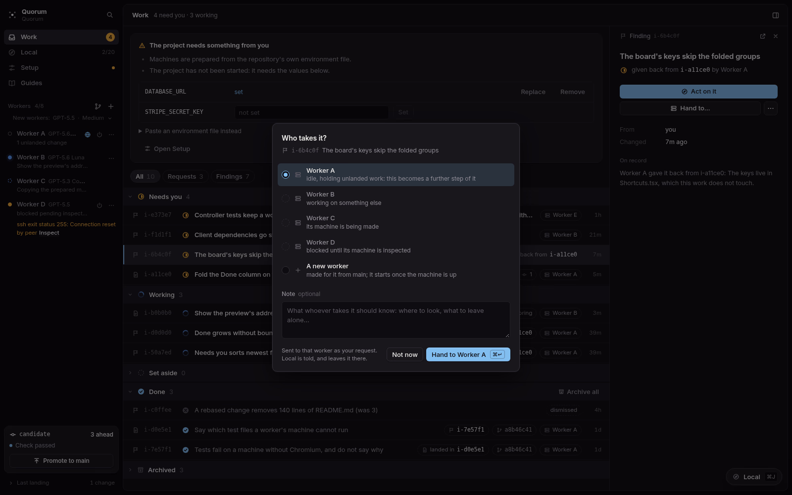 Quorum's hand-to dialog, listing the workers a finding can be given to. Dark theme.