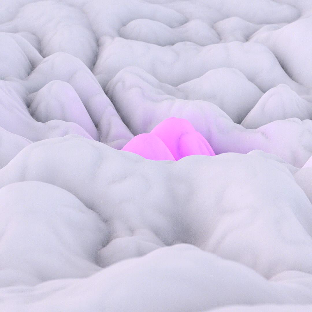 A bright pink blob nestled in soft, pale lilac folds like rolling hills.