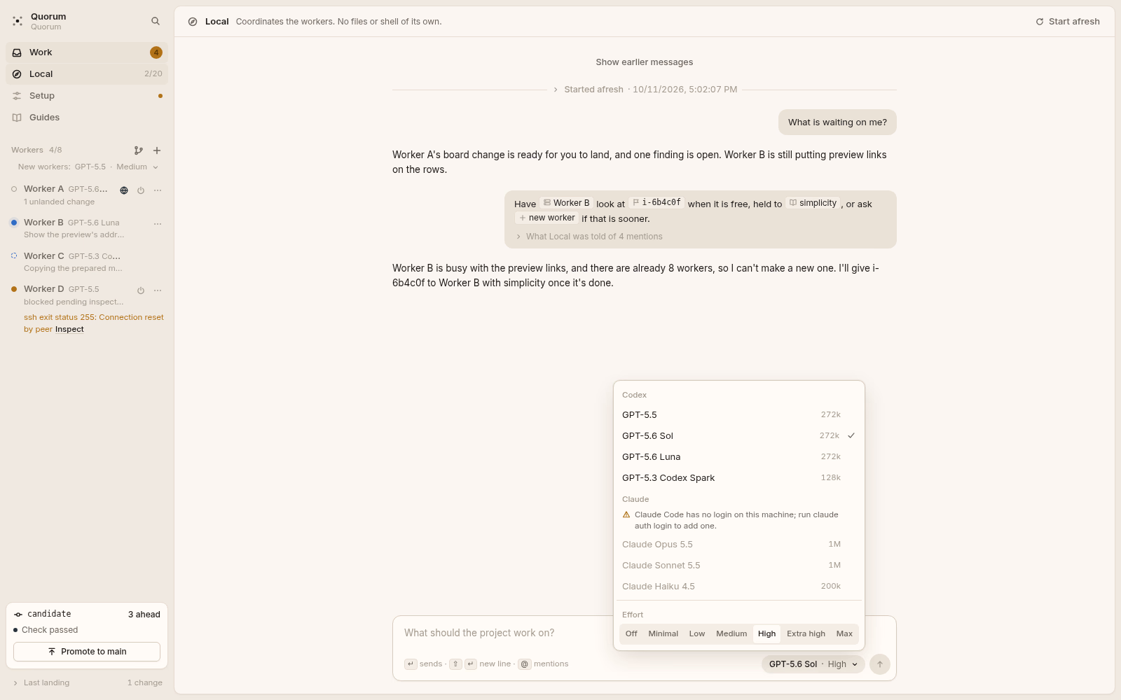 Quorum's Local conversation with the model and effort picker open. Light theme.