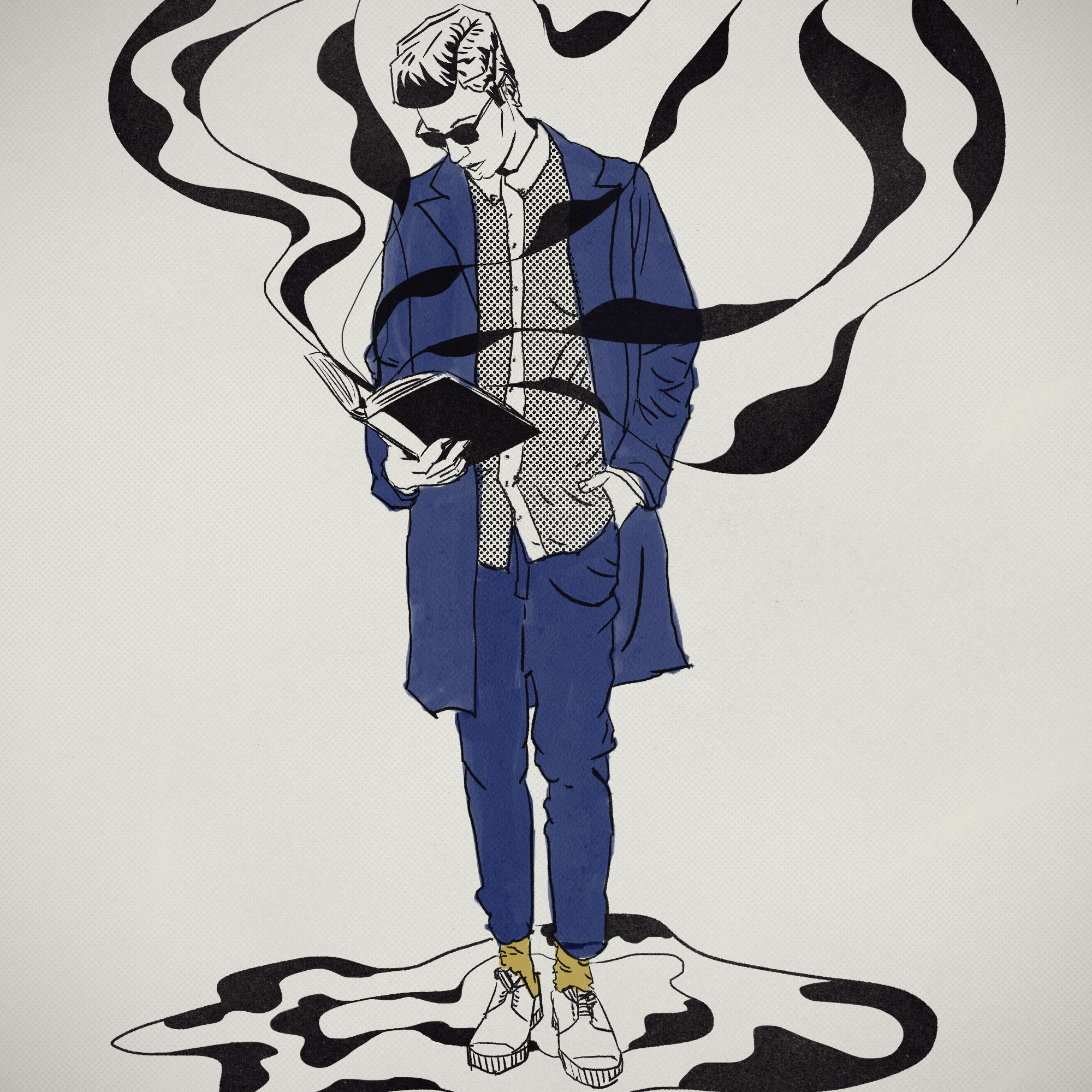 Ink drawing of a man in sunglasses and a long blue coat reading a book, with black smoke-like ribbons curling out of its pages around him.