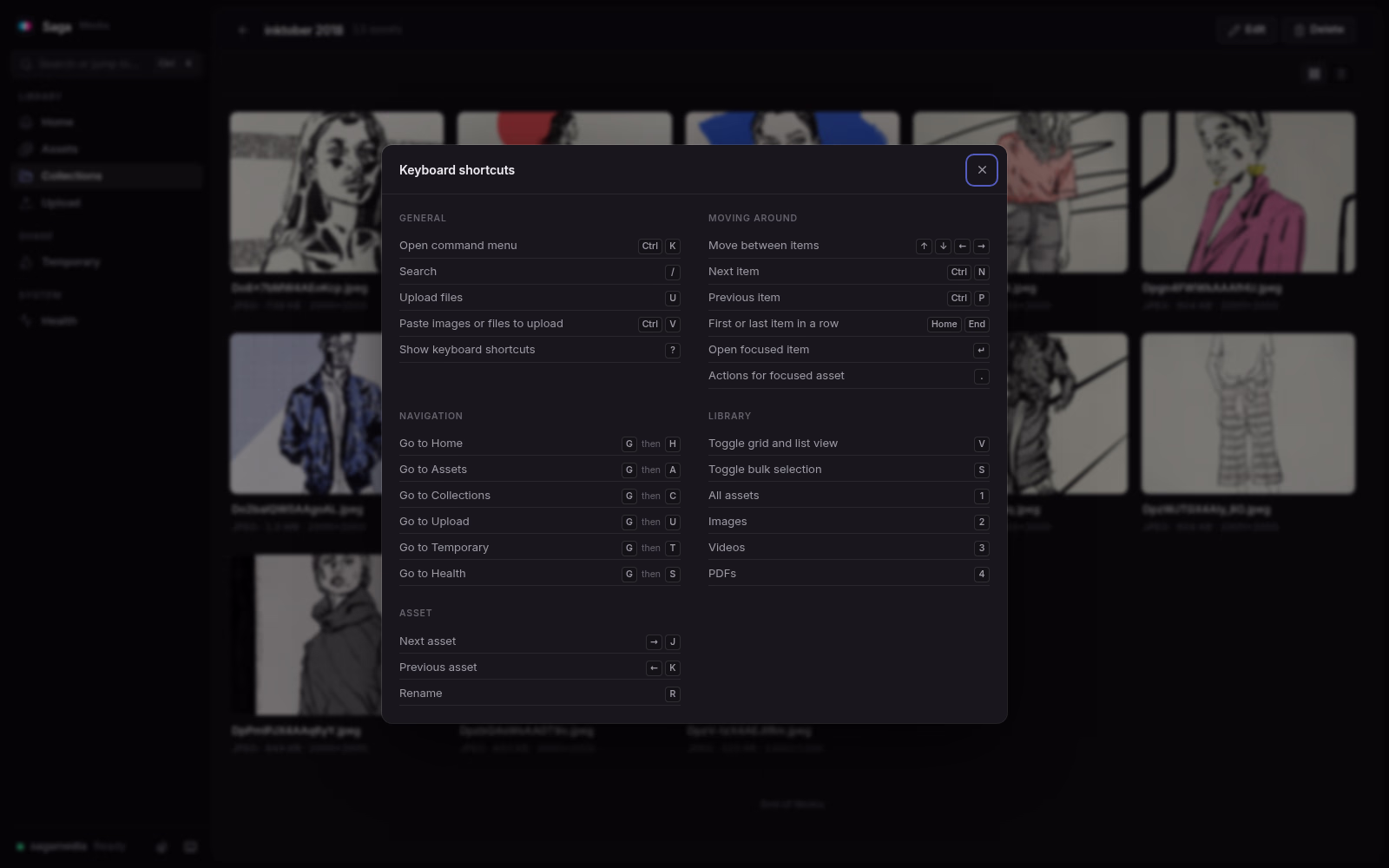 Saga Media's keyboard shortcuts sheet. Dark theme.