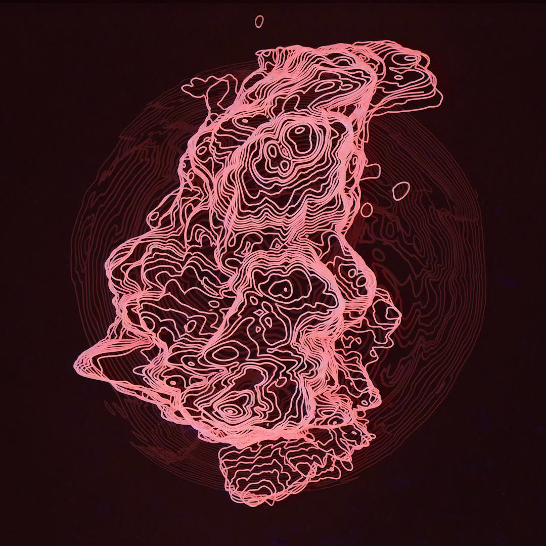 Pink contour lines forming an irregular landmass inside faint concentric rings on a dark red background.
