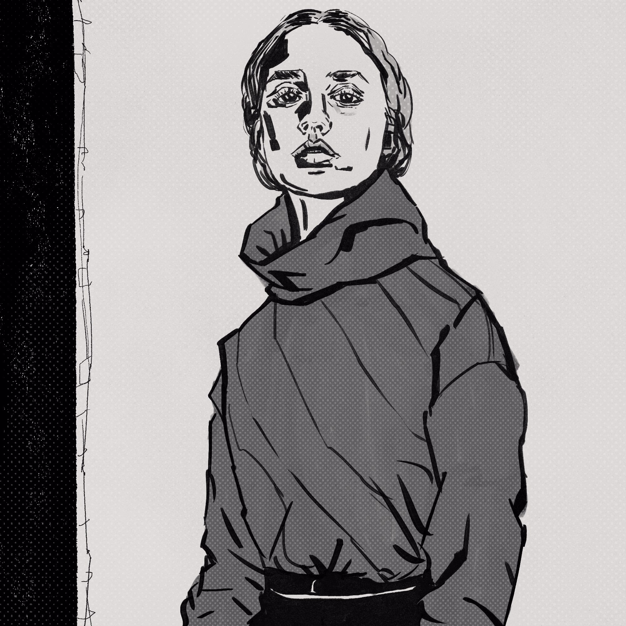 Ink drawing of a woman with her hair tied back, in a grey high-necked pullover, looking down at the viewer.