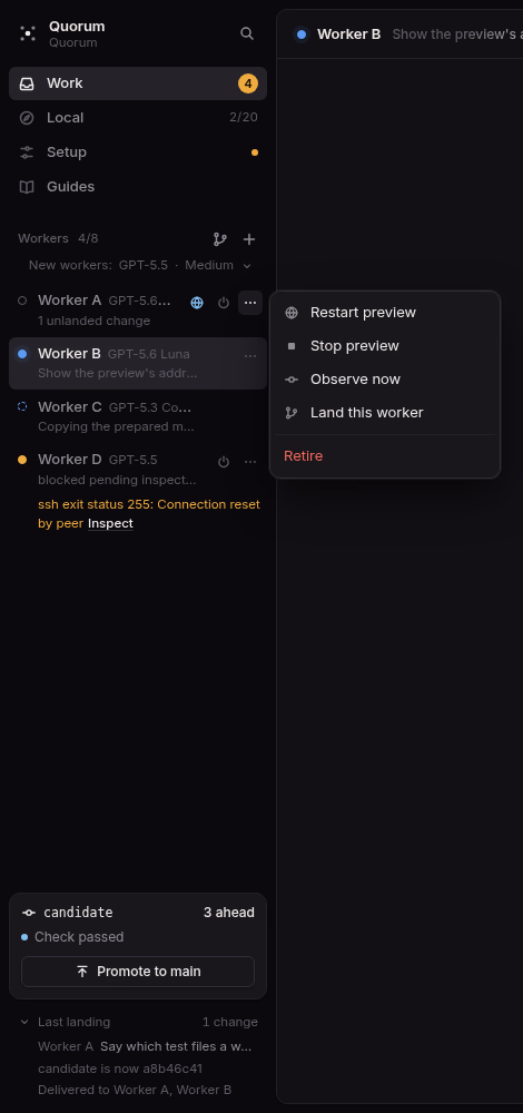 Close-up of Quorum's sidebar with a worker's actions menu open. Dark theme.