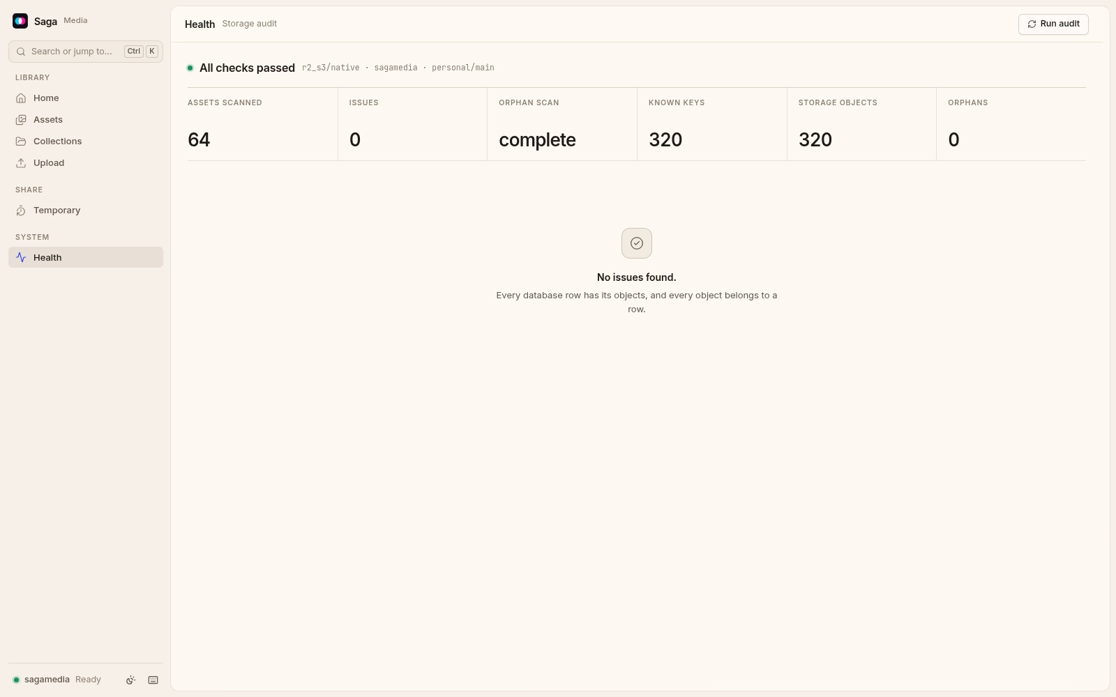 Saga Media's health page after a storage audit. Light theme.