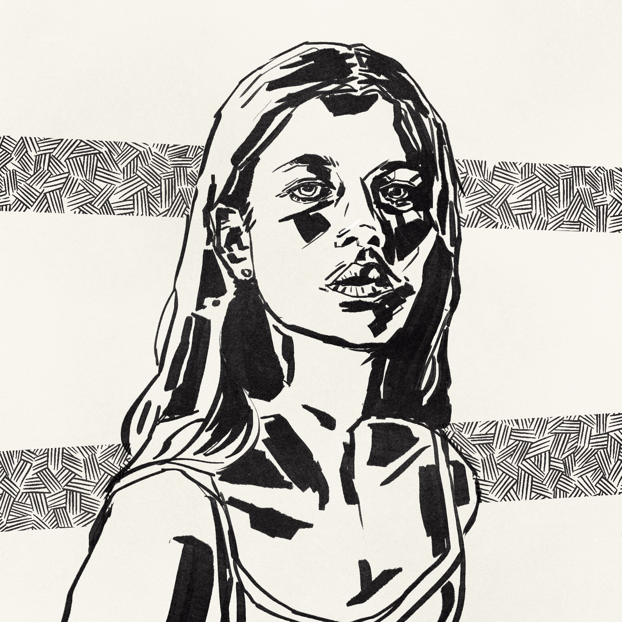 Ink portrait of a woman with long straight hair in a strappy top, with two bands of cross-hatching behind her.