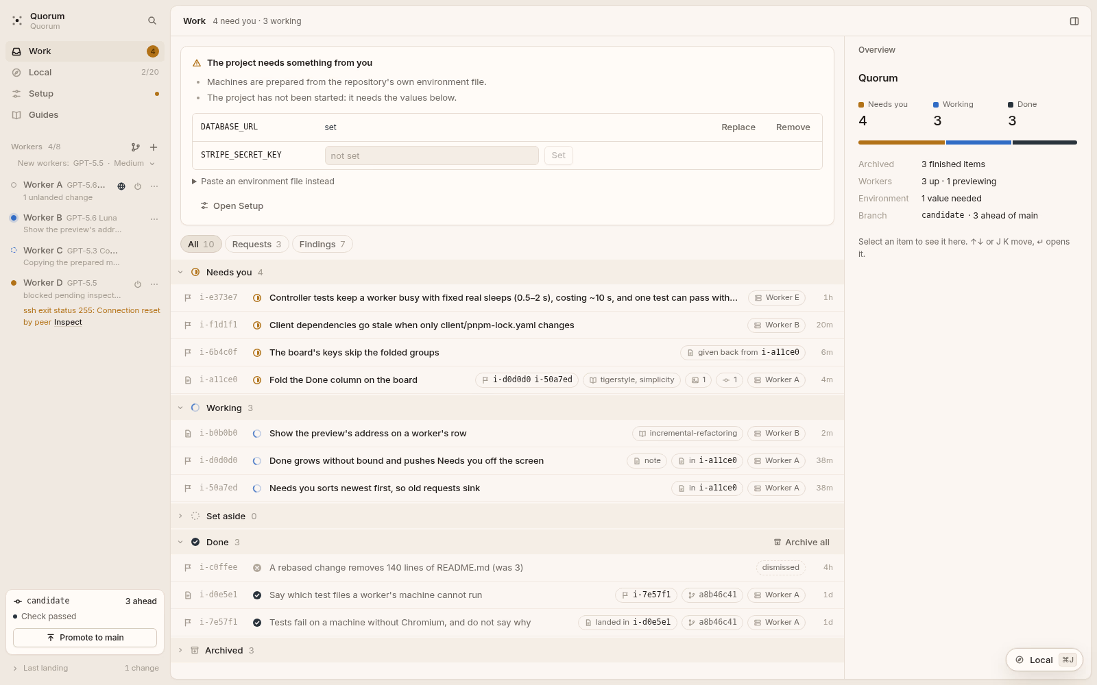 Quorum's workbench: a sidebar of workers, the work list grouped by who it waits on, and a project overview. Light theme.