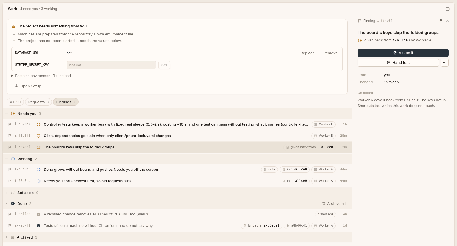 Quorum's findings filter with the sidebar hidden and an open finding in the inspector. Light theme.