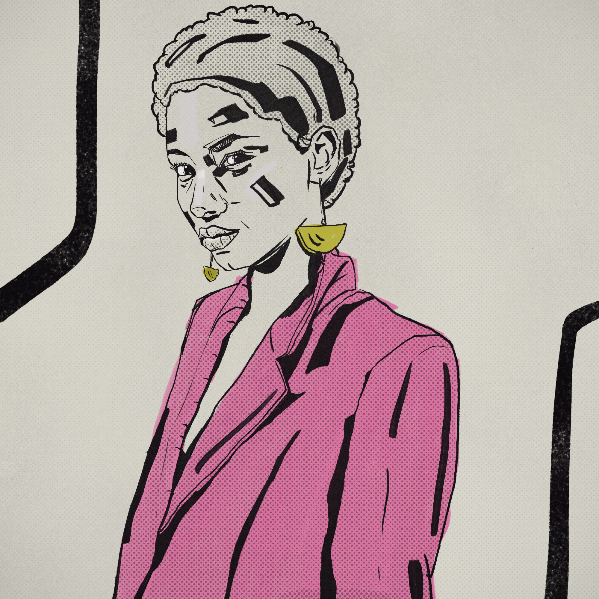 Ink portrait of a woman with short curly hair and yellow half-moon earrings, in a pink blazer, looking over her shoulder.