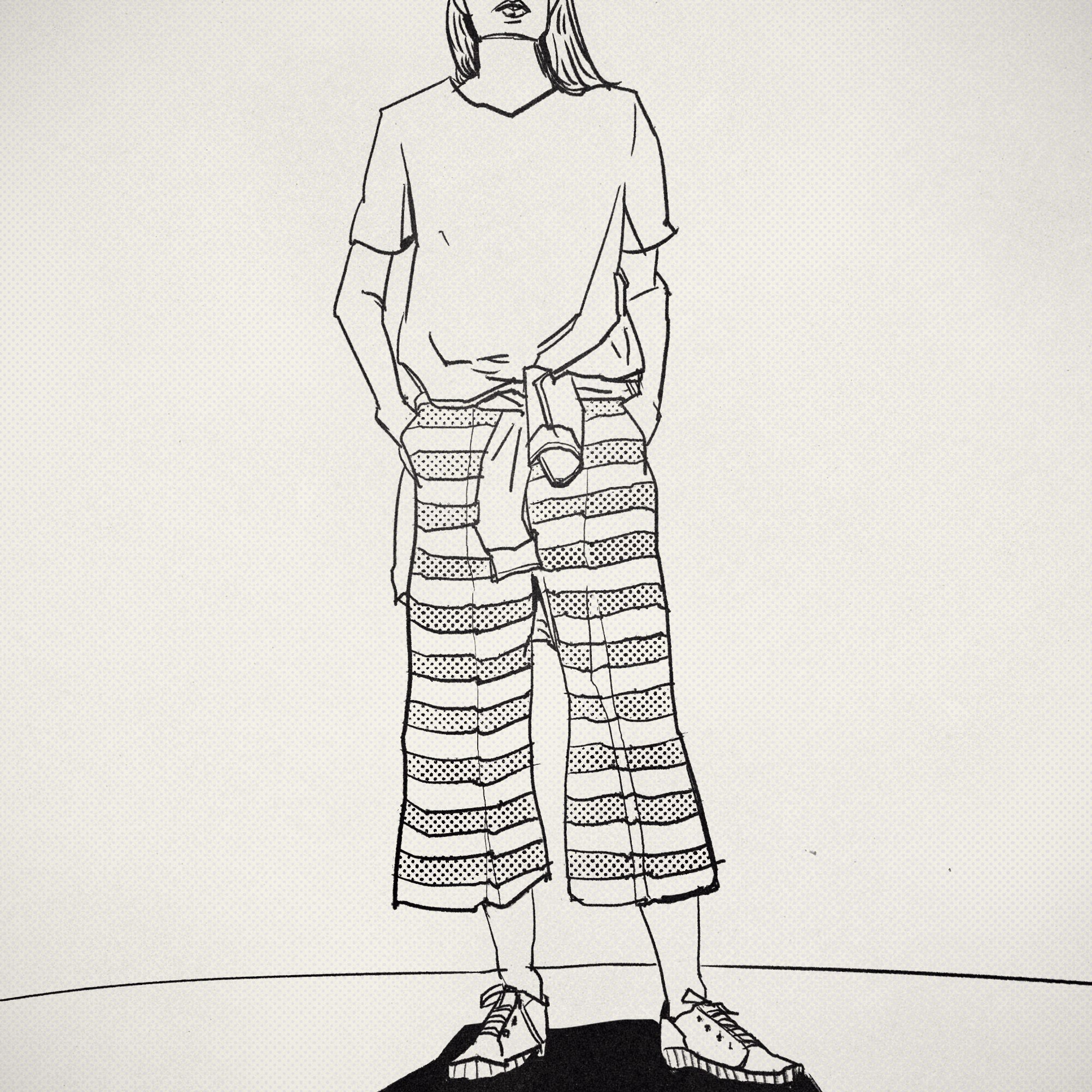 Ink line drawing of a figure cropped at the chin, in a T-shirt with a jumper tied at the waist, striped cropped trousers and chunky shoes.