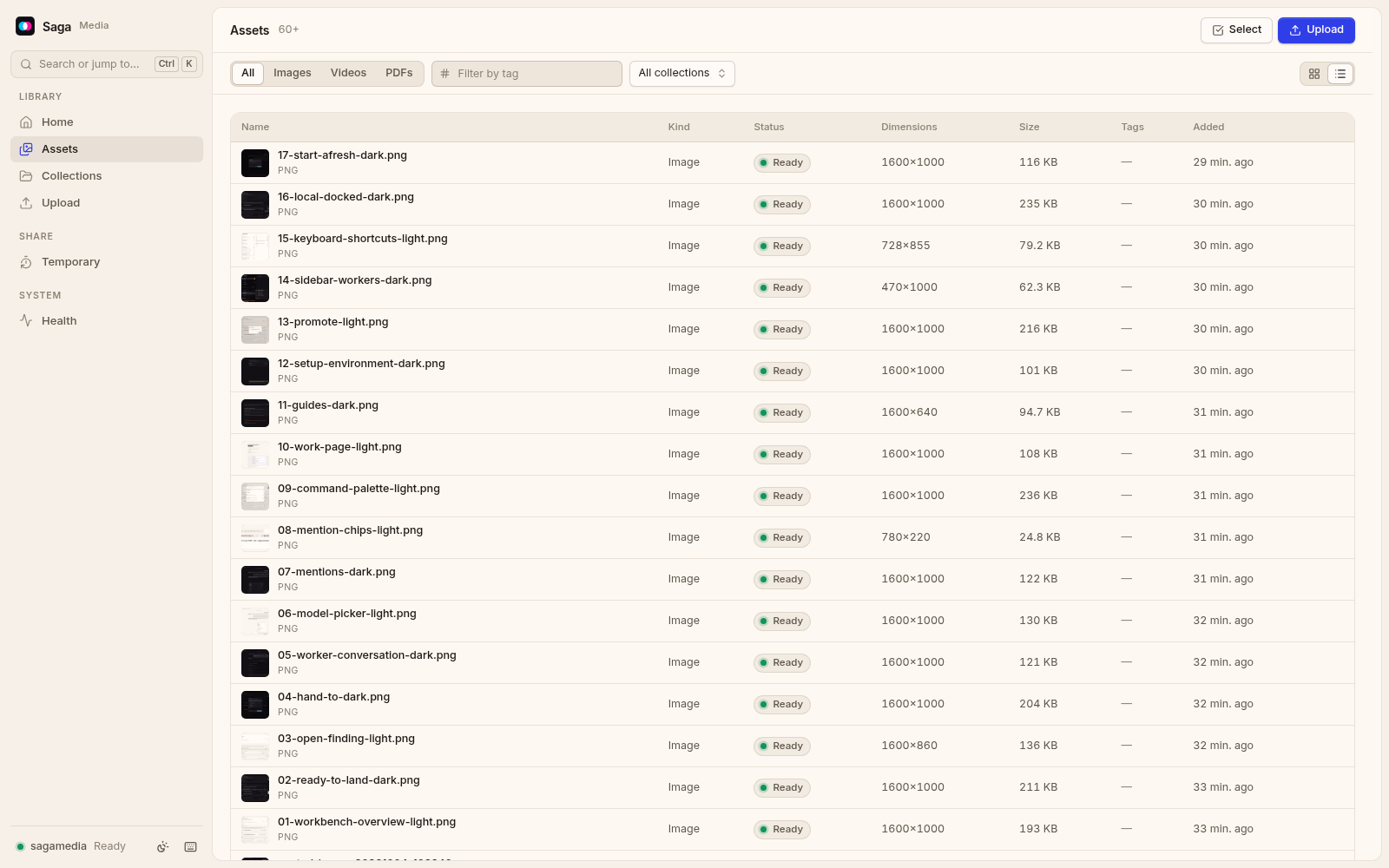 Saga Media's library as a list. Light theme.
