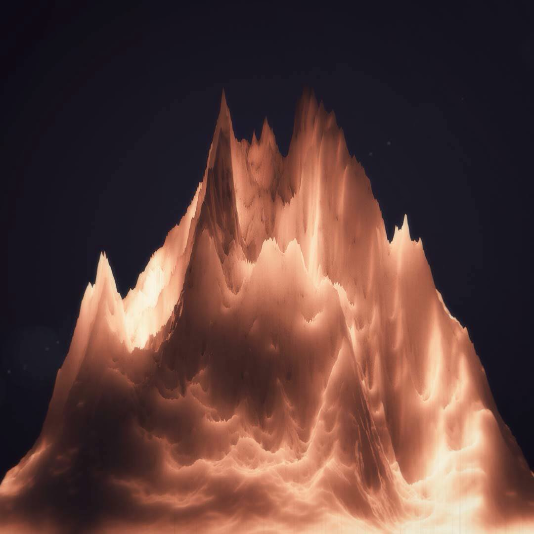 A jagged mountain range glowing copper and orange against a dark sky.