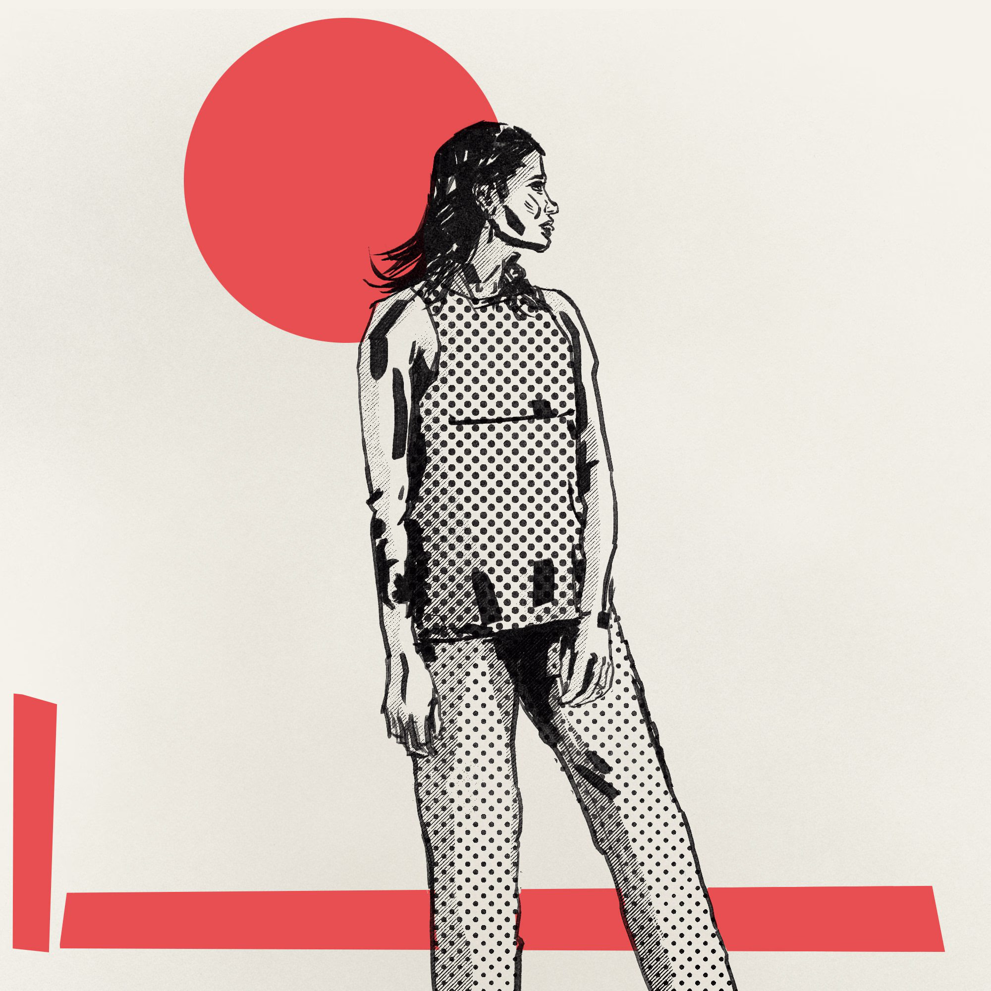 Ink drawing of a woman in profile wearing a dotted top and trousers, in front of a red circle with red bars at her feet.