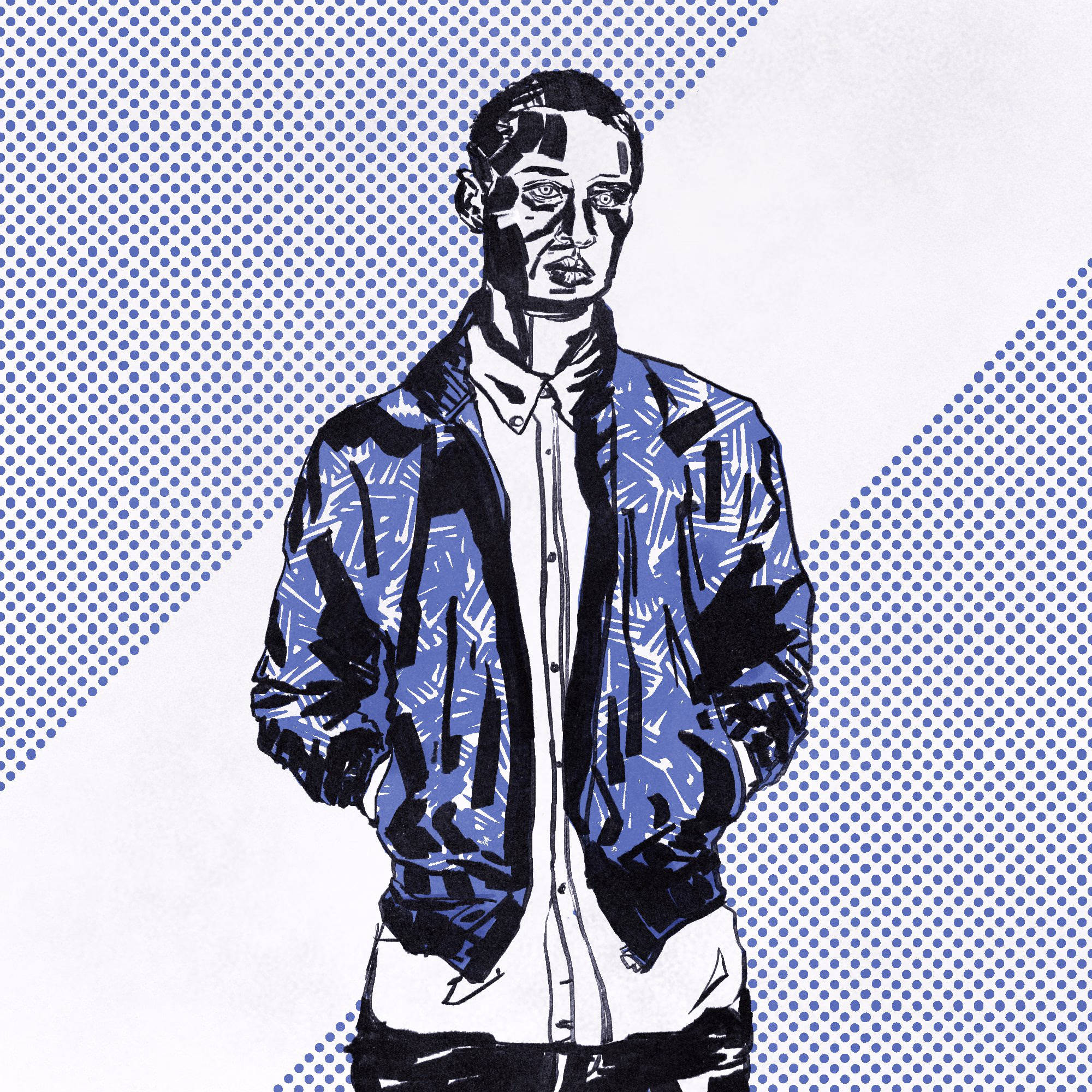Ink drawing of a man in a blue bomber jacket over a white shirt, hands in his pockets, against a diagonal field of blue halftone dots.