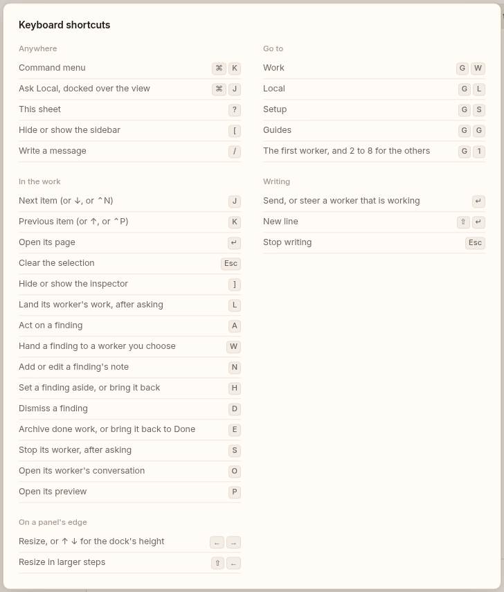 Quorum's keyboard shortcuts sheet. Light theme.