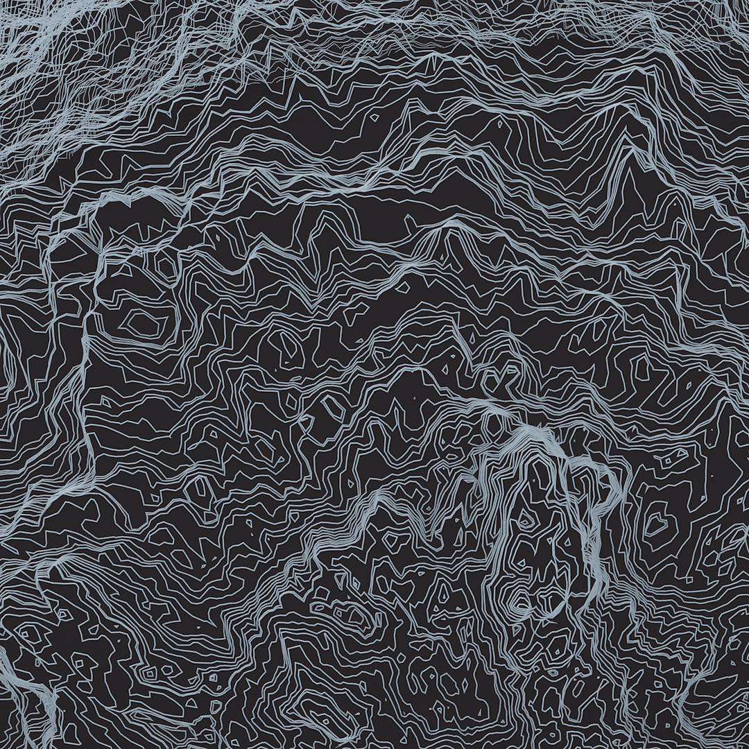 Pale contour lines tracing rugged terrain on a dark background.