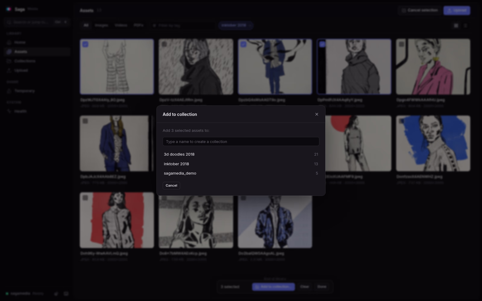 Saga Media's add-to-collection dialog. Dark theme.