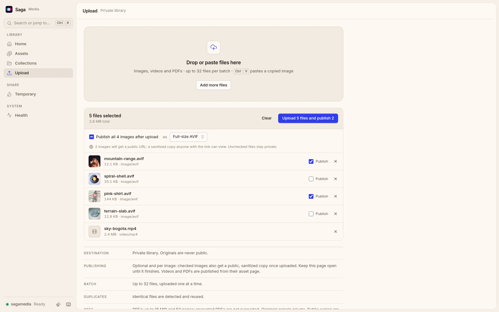 Saga Media's upload page with five files queued. Light theme.