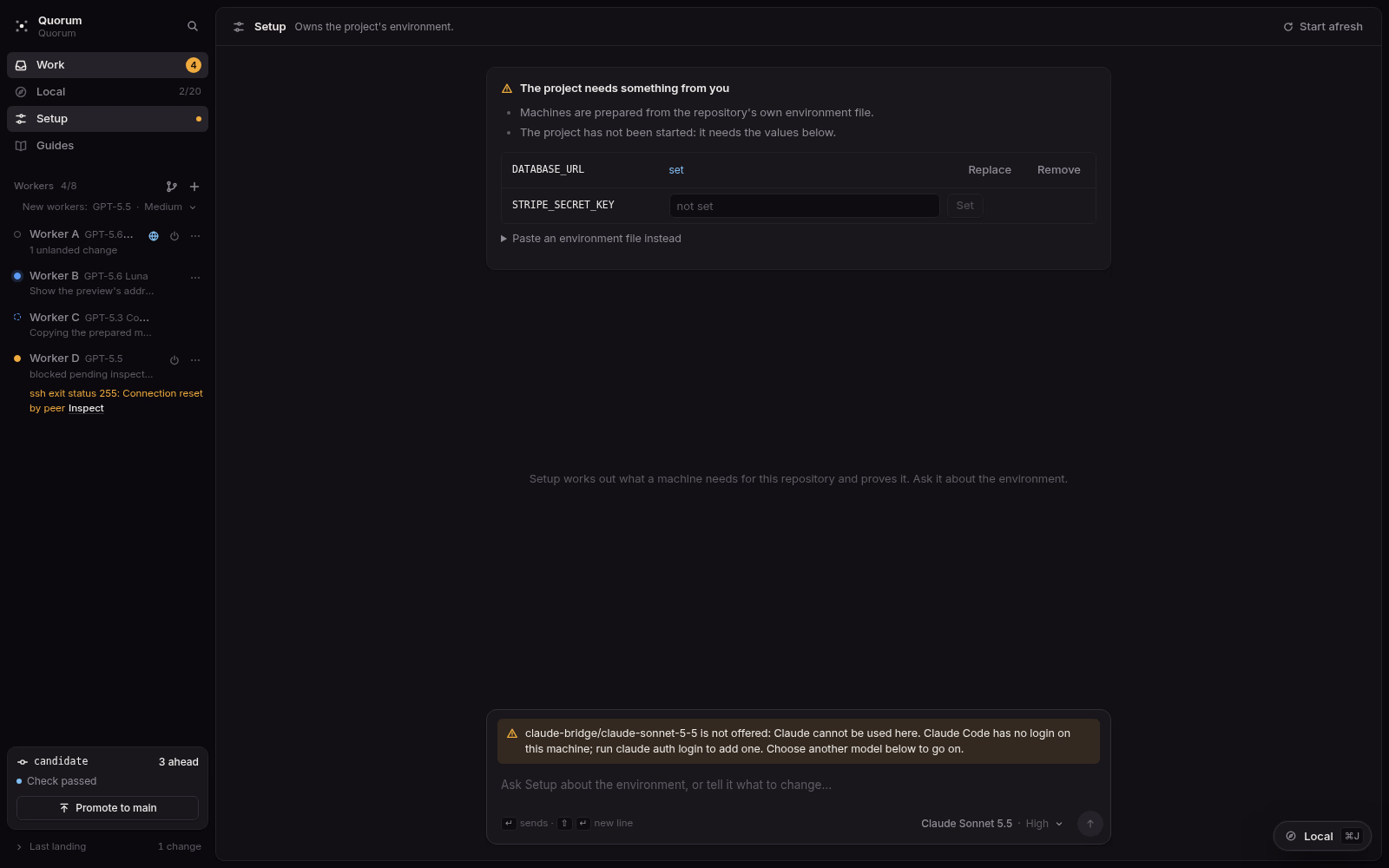 Quorum's Setup page with the environment panel. Dark theme.