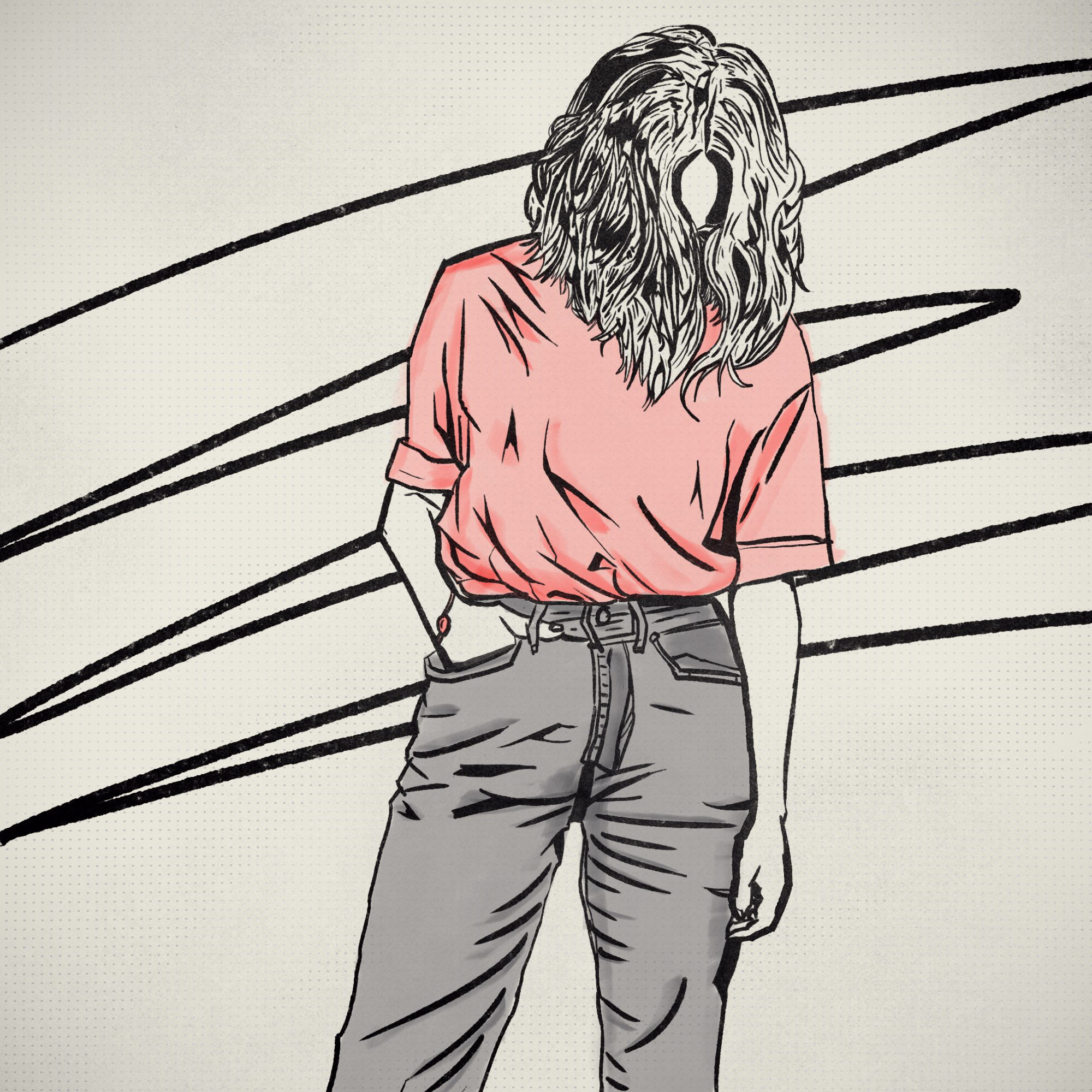 Ink drawing of a figure whose wavy hair covers their face, in a pink shirt tucked into grey jeans with one hand in a pocket, over looping black lines.