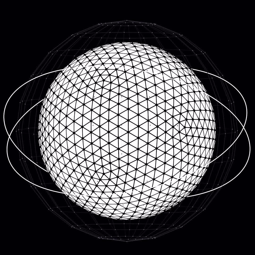 A white sphere tiled with triangles, wrapped in a wireframe shell and two rings on black.