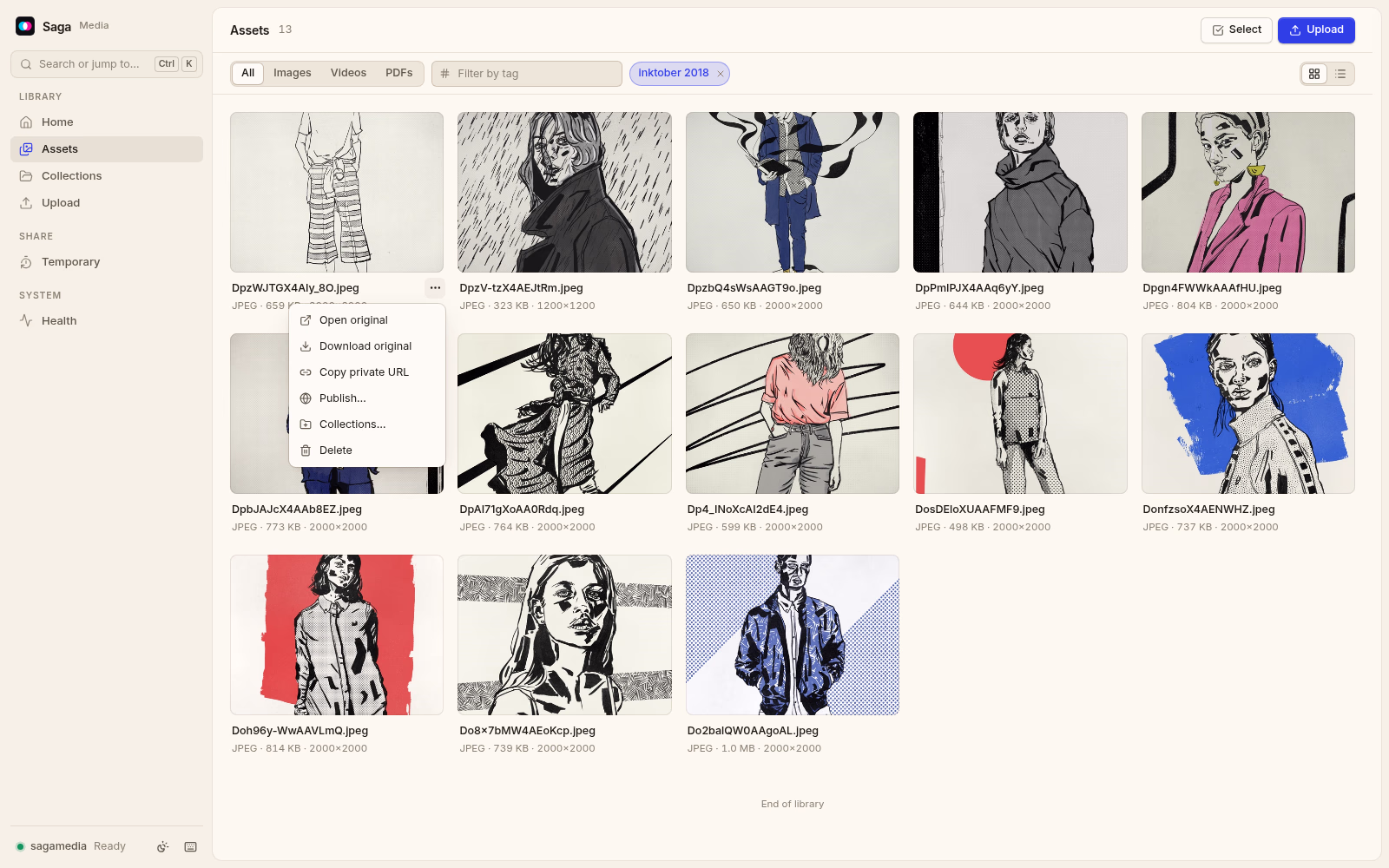 An asset card's actions menu open in Saga Media's library. Light theme.